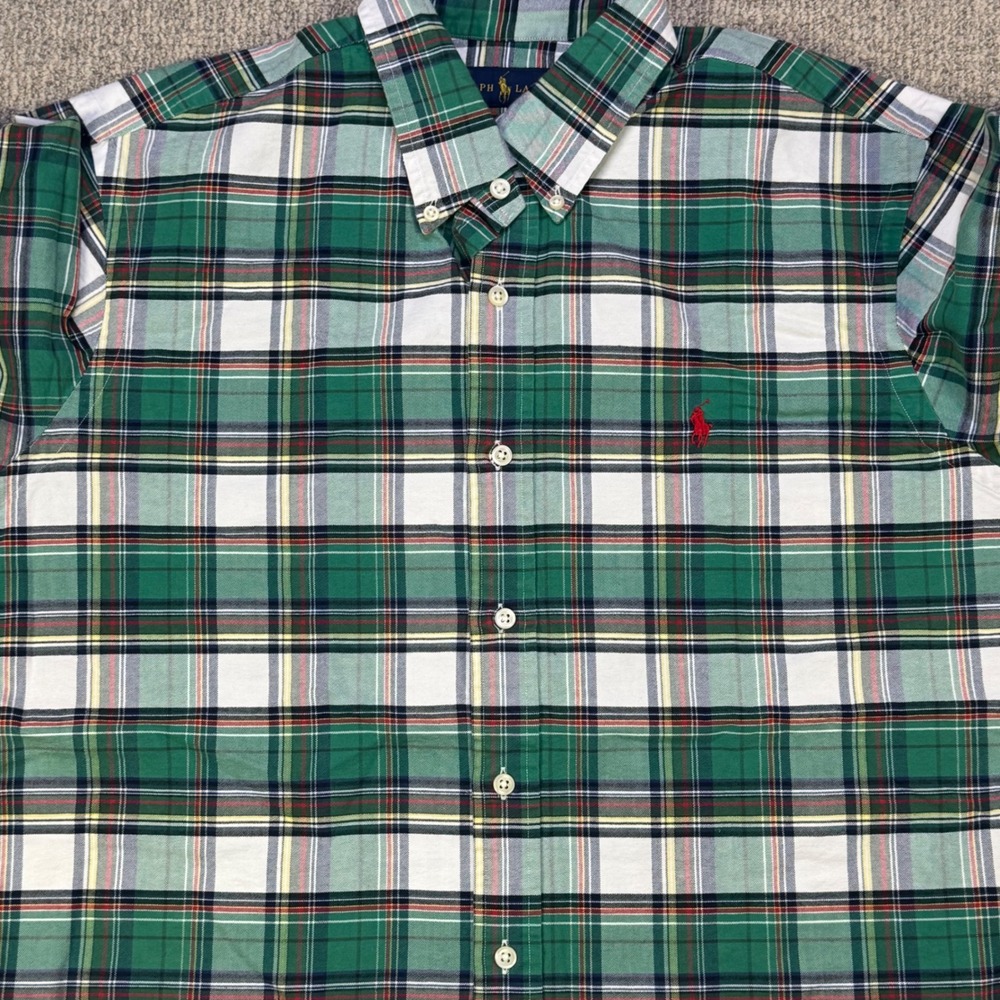 Ralph‎ Lauren Plaid Button Down Shirt Long Sleeve Green White Mens L